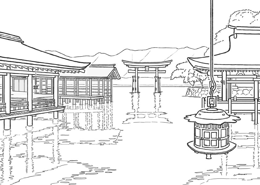 【観光名所塗り絵 3】厳島神社（宮島） 廻廊から見える風景 | カフェ・デ・大人の塗り絵